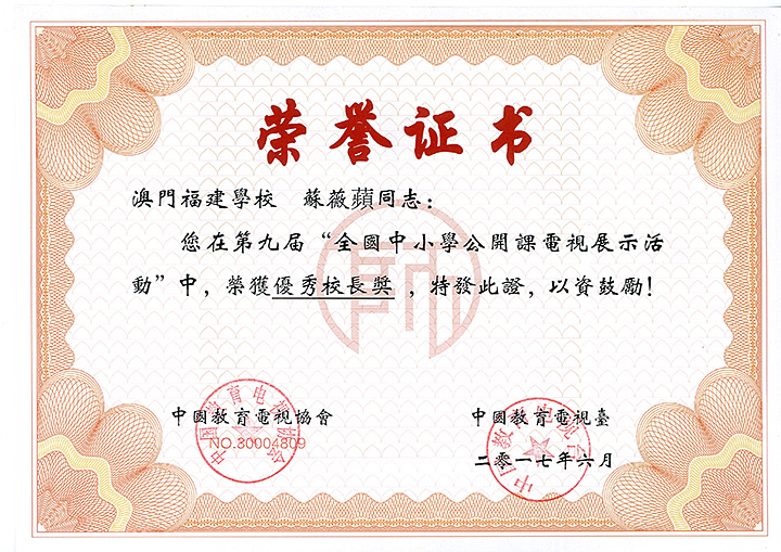 第九届 "全国中小学公开课电视展示活动" 荣誉证书